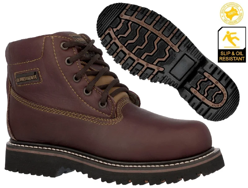 Price Reduction Mens Burgundy Work Boots Leather Slip Resistant Lace Up Soft Toe - #600TR