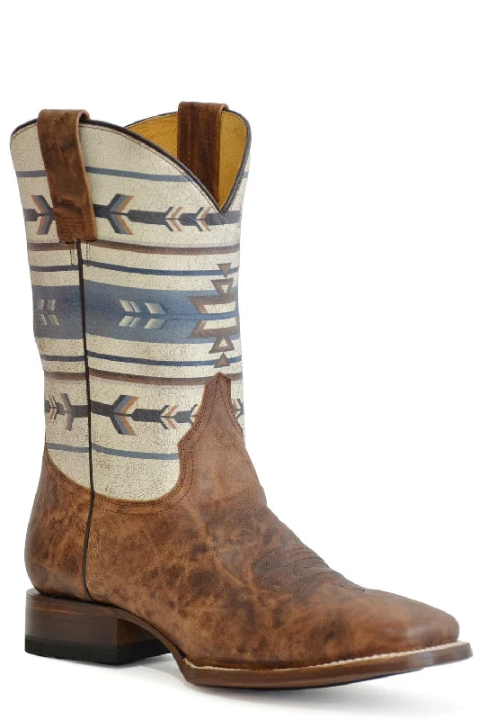 Roper Mens Aztek Tan/White Leather Cowboy Boots