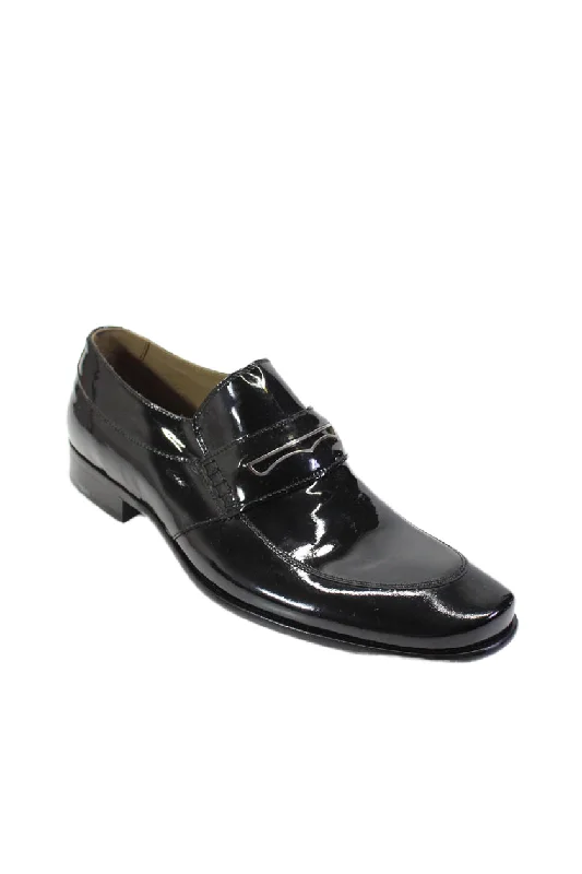 Tardini Mens Patent Leather Silver Tone Slide On Dress Shoe Loafers Black