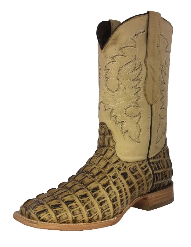 Mens Sand Alligator Tail Print Leather Cowboy Boots Square Toe